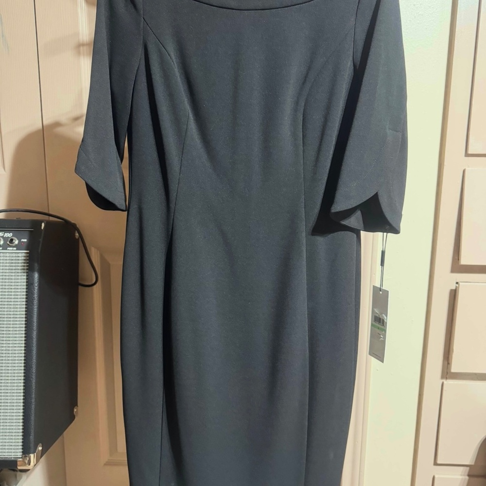 Calvin Klein Black Sheath Dress with 3/4 Length Partial Split Sleeves, size 8